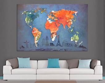 Abstract World Map Canvas Print, Large Wall Art, Home Decor