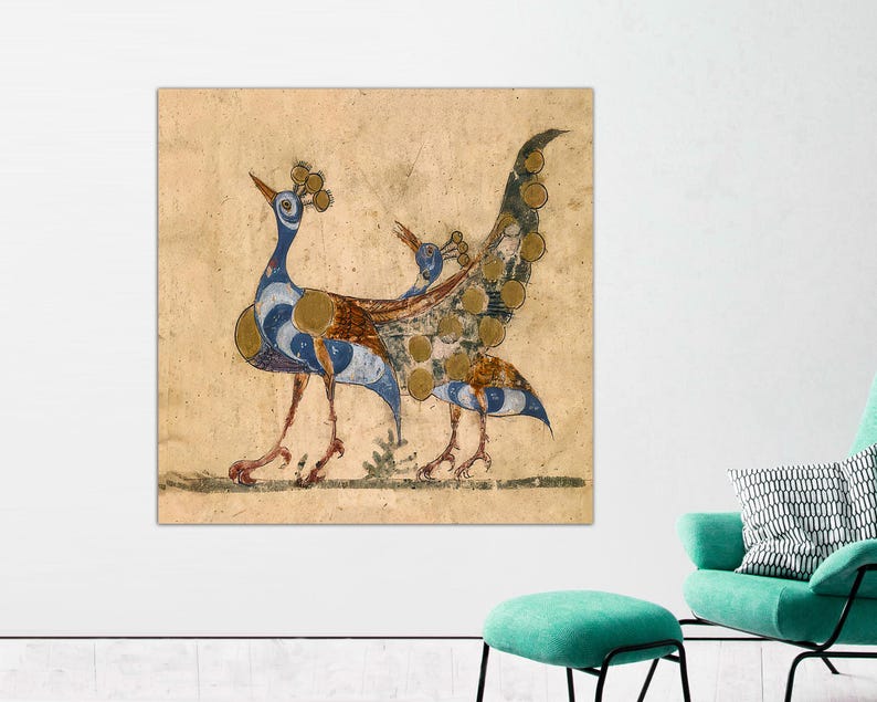 Peacock Painting Art Print, Peacocks, Antique Artwork, Arabic, Vintage