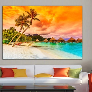 Bora Bora,  Tropical Sunset Beach,  Palm Trees Red,Orange Sky Clouds Canvas Print, Home decor, interior art, Wall art,decor, ready to hang.
