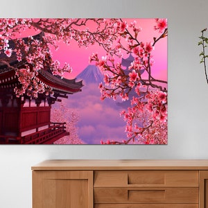 Landscape Canvas Japan Chureito Pagoda And Mt. Fuji In The Spring With Cherry Blossoms Scenery Framed Wall Art For Living Room Ready To Hang