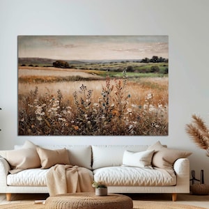 Wildflower Field Wall Art, Vintage Botanical Landscape Canvas, Floral Modern Home Decor, Farmhouse Canvas Art, Field of Flowers Canvas Print