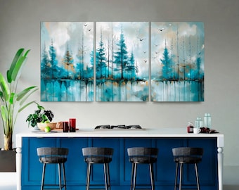 Blue Abstract Forest Canvas Art Set, Modern Nature Wall Decor