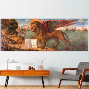 May include: A painting of a winged lion standing on a beach with a book in its paws. The book reads "Pax tibi Marce Meus". The lion is a symbol of Venice, Italy.