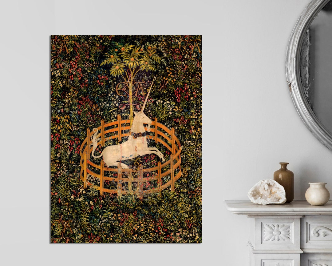 The Captured Unicorn Vintage Painting on Canvas the Unicorn Rests in a ...