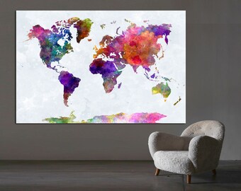 Watercolor World Map Canvas Print, Large Wall Art Decor