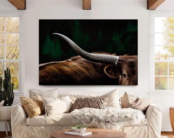 Texas Longhorn Cow Canvas Print, Framed Farmhouse Animal Wall Art