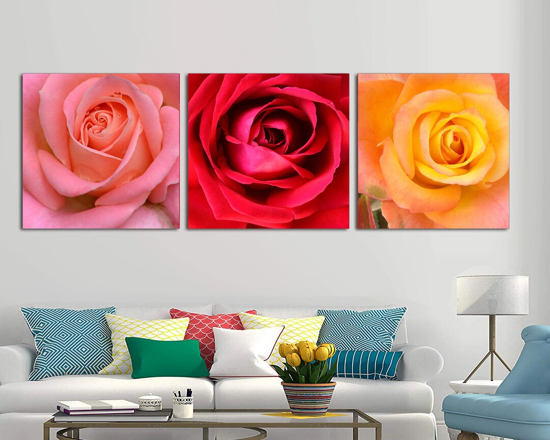 Set of 3 Rose Canvas Art, Framed 1.5 Depth Rose Canvas Yellow, Pink ...