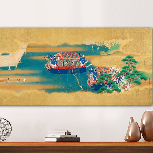Boating episode from the Butterflies Chapter of the Tale of Genji vintage Japanese painting by Tosa Mitsusada Canvas Print Ready to Hang.
