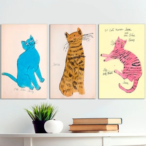 Andy Warhol Cats Prints Set of 3 Canvas Prints Andy Warhol Art, Warhol Cat Canvas Art, Andy Warhol Cat Wall Art Print, Canvas READY TO HANG.