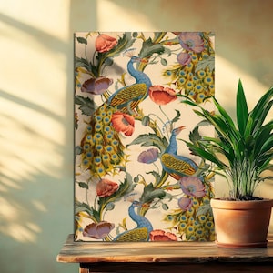 Lienzo de pavo real vintage, arte de pared de pavo real, impresión de amapolas, arte de pavo real, póster de pájaro, arte de pared de pájaro, ilustración de pavo real LIENZO listo para colgar.
