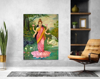 Ravi Varma - Lakshmi Indian Canvas Print, Hinduism Poster, Indian Goddess Wall Art, Buddhist Zen Canvas, Spiritual Art Reproduction Print