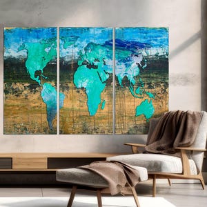 3-Panel Split Canvas, Abstract World Map Print, Modern World Map Wall Print, Map Art for Wall, Map of The World Print, CANVAS Ready to Hang.