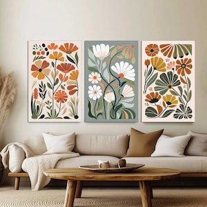 Framed Canvas Wall Art Set of 3, Botanical Wildflower Floral Prints, Minimalist Boho Decor for Living Room, Modern Nature Art Ready to Hang