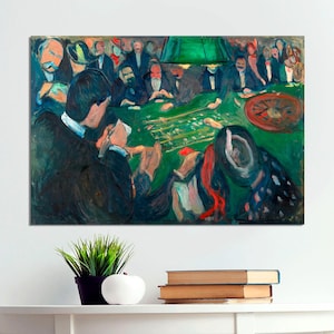 May include: A painting depicting a group of people playing cards around a green table. The painting is done in a style reminiscent of Edvard Munch, with bold colors and expressive brushstrokes. The figures are mostly obscured by shadows, but their faces are visible and convey a sense of tension and excitement.