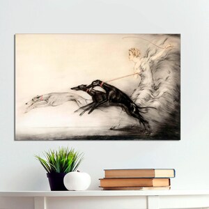 Canvas Deco, Fashion Lady, Greyhound Dogs Coursing by Louis Icart, French Vintage Canvas Modern Art, Fashion Art CANVAS Print Ready to Hang.