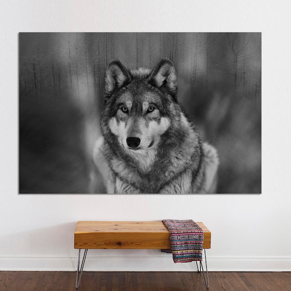 Grey wolf Canvas print,  wolf wall art, Canvas Print. wall art, black and white wall art, Wall art, Gray Wolf canvas print, large canvas.