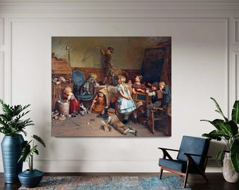 Vintage Children Playing Canvas Art Print, Victorian School Class Decor