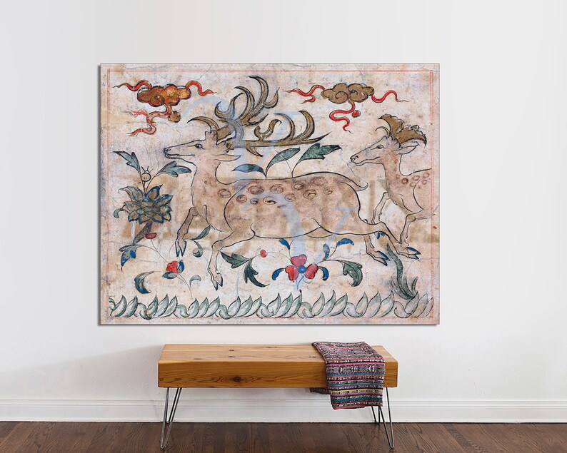 May include: A vintage-style painting of three deer in a forest setting. The deer are depicted in a stylized, almost cartoonish manner, with large eyes and long, slender legs. The painting is done in muted colors, with shades of brown, green, and red. The background is a light beige, with a few clouds and a few stylized flowers.