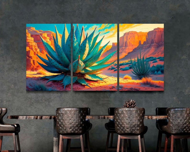 Agave Desert Canvas Print, Phoenix Sunset, Triptych Southwestern Wall ...