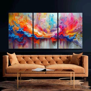 Multicolor Abstract Wall Art Set of 3, Canvas Prints, Watercolor Large Painting, Modern Home or Office Decor, Colorful Print Ready to Hang