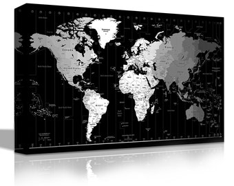 Black and White World Map Canvas Print, Large Wall Art