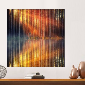 Arte de pared de árboles de otoño, impresión en lienzo de bosque, póster de arte de bosque, arte de árboles de paisaje de otoño, arte de lienzo de hojas rojas, impresión fotográfica, obra de arte de otoño.