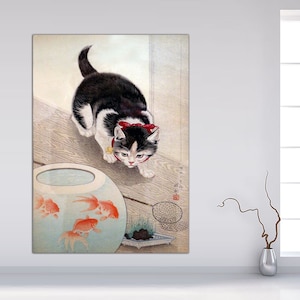 Cat and Bowl of Goldfish, Counted Cross Stitch Classic Painting Pattern, Ohara Koson, Cat art Japan Embroidery, Cute Artwork Ready to Hang