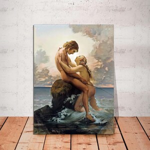 May include: A painting of a couple embracing on a rocky outcropping in the ocean. The man is holding the woman's waist and they are both looking at each other. The water is a deep blue and the sky is a light blue with white clouds.