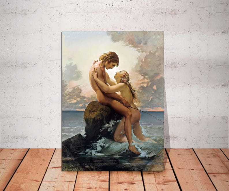 May include: A painting of a couple embracing on a rocky outcropping in the ocean. The man is holding the woman's waist and they are both looking at each other. The water is a deep blue and the sky is a light blue with white clouds.