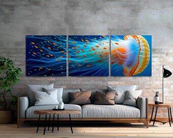Jellyfish Canvas Wall Art, Coastal Ocean Decor, Set of 3