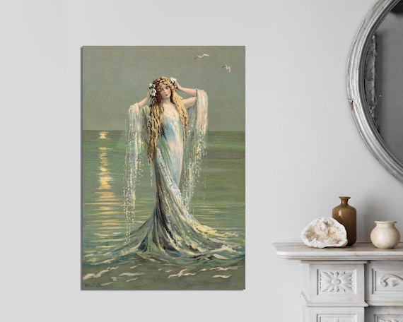 Art Nouveau Mermaid Canvas Print, Fantasy Ocean Art, Ready to Hang