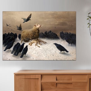 Anguish Sheep and crows, Canvas Gallery Wrapped, August Friedrich Schenck Art Print, Famous Artwork, Vintage style sadness animal painter.