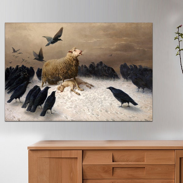 Anguish Sheep and crows, Canvas Gallery Wrapped, August Friedrich Schenck Art Print, Famous Artwork, Vintage style sadness animal painter.