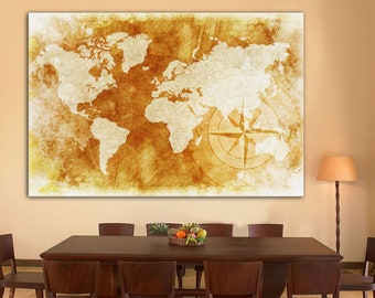 Large World Map Canvas Print, Vintage Style Wall Art