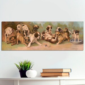 May include: A vintage painting of a group of brown and white puppies playing together. The puppies are in a grassy field with a bowl of water in the background. The painting is in a realistic style and has a warm, inviting feel.