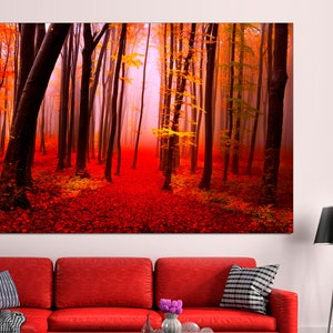 Black & White Road Trees Red Leaves Canvas Wall Art Picture Print 