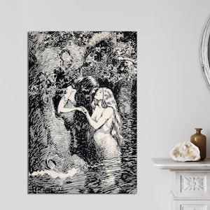 Mermaid & Fairy Kissing, Antique Mermaid Art on Canvas, Dark Academia Art Aesthetic Art, Victorian Art Lesbian Art, CANVAS Art Ready to Hang