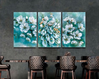 Peacock Botanical Canvas Print Set, Vintage Bird Wall Art