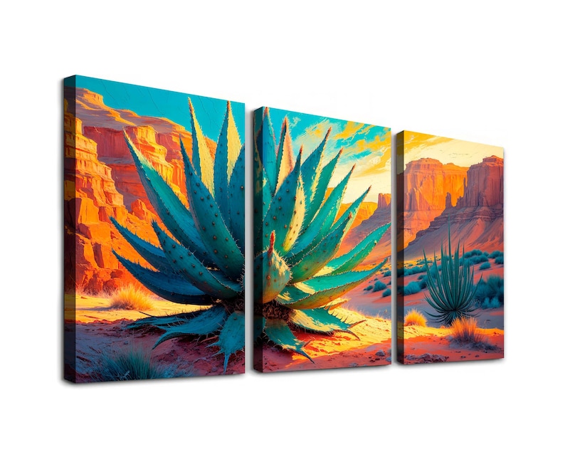 Agave Desert Canvas Print, Phoenix Sunset, Triptych Southwestern Wall ...
