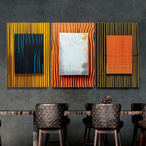 Mid Century Modern Canvas Wall Art Set of 3, Geometric Abstract Canvas, Boho Minimalist Decor in Gray, Orange & Black, Art Ready to Hang.