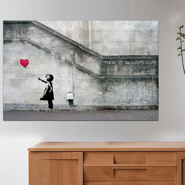 There Is Always Hope Balloon Girl Canvas Art Print by Banksy, Office or Apartment Decoration for Living Room, Bedroom, Dorm, Gift for Girls.