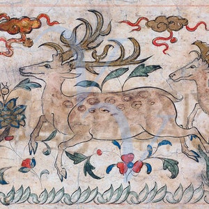 May include: A hand-painted illustration of two spotted deer running through a field of flowers. The deer have large antlers and are depicted in a stylized, almost cartoonish manner. The background is a light beige with red and blue accents.