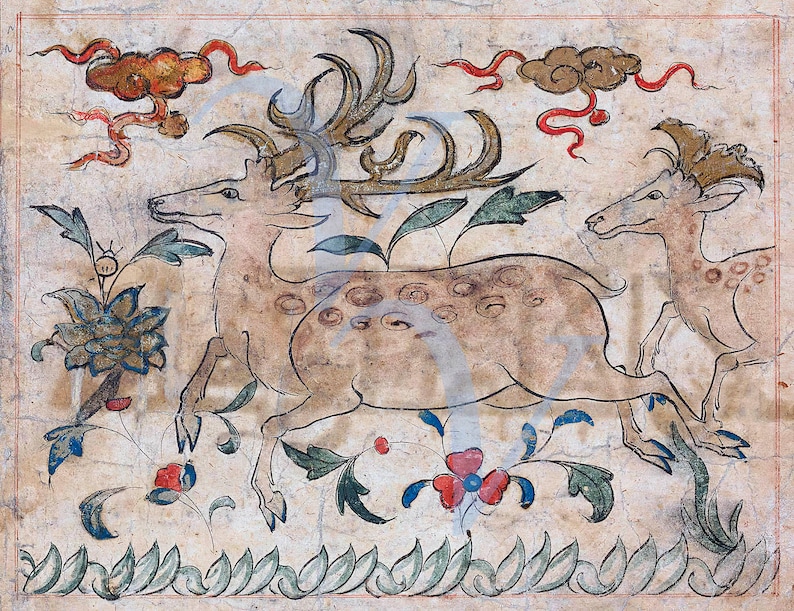 May include: A hand-painted illustration of two spotted deer running through a field of flowers. The deer have large antlers and are depicted in a stylized, almost cartoonish manner. The background is a light beige with red and blue accents.