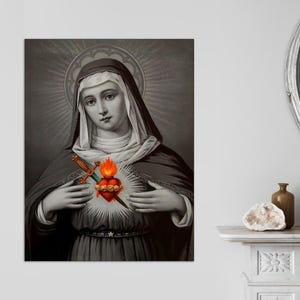 Immaculate Heart of the Virgin Mary, Mother Mary Painting, Catholic Wall Art Print, Lady of Grace Heart of Mary Vintage CANVAS Ready to Hang