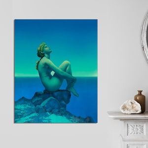 May include: A painting of a nude person sitting on a rock formation, looking up at the sky. The background is a blue ocean and sky.