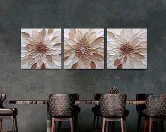 Dahlia Flower Canvas Print Set of 3, Abstract Neutral Decor