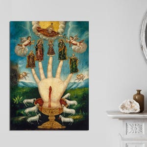 The All-Powerful Hand, or The Five Persons, Mexican Art, Vintage Art Mexican Painting, Mexican Decor, Mexican Folk Art, Canvas READY TO HANG