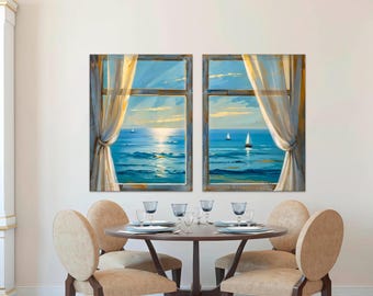May include: Two framed canvas prints depicting a seascape viewed through a window. The artwork shows a blue ocean with sailboats, a bright sky, and curtains. A round dining table with chairs and place settings is in the foreground.