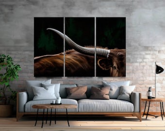 Texas Longhorn Cow Canvas Print, 3-Panel Framed Wall Art