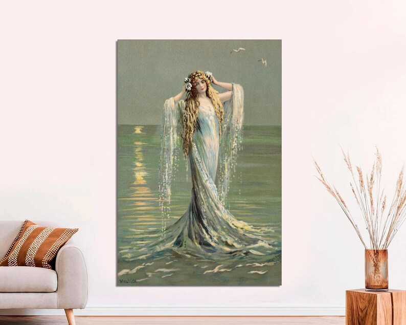 May include: A woman with long blonde hair wearing a white dress with a floral crown stands in the ocean. The water is a light blue and green color and the sky is a light blue color.